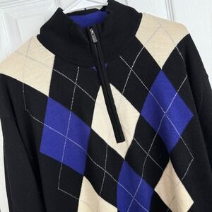 FootJoy Wool Argyle Golf Quarter-Zip Lined Sweater Scioto Logo Black Blue L-Read